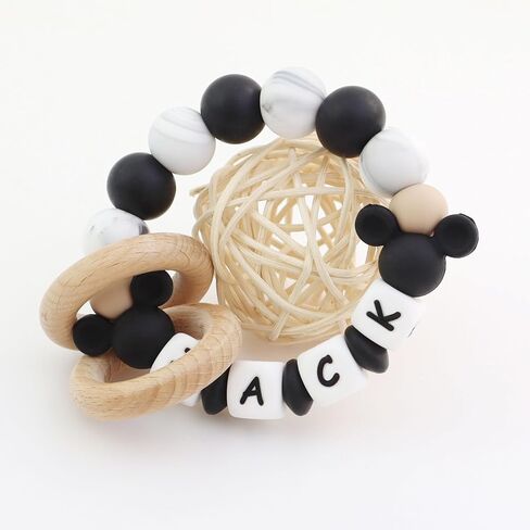 Personalized Baby Teether Rattle with Name - Custom Wooden Teething Toy for Boys & Girls - Handmade Mouse Keepsake Baby Shower Gift (Pink) in Saudi Arabia