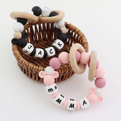 Personalized Baby Teether Rattle with Name - Custom Wooden Teething Toy for Boys & Girls - Handmade Mouse Keepsake Baby Shower Gift (Pink) in Saudi Arabia