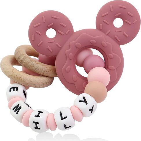 Personalized Baby Teether with Name - Custom Mouse Silicone Teether & Natural Wooden Ring for Boys & Girls - Handmade Unique Baby Shower Gift for Infants & Toddlers (Pink) in Kuwait