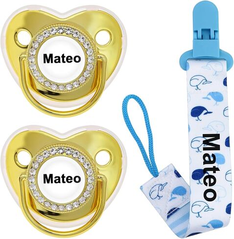 مجموعة مصاصة مخصصة مع الاسم ، BPA خالية ، بلينغ جولد سيلفر روز الذهب هدية مثالية فاخرة للحديدين (الأزرق) in Kuwait