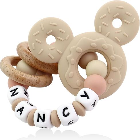 Personalized Baby Teether with Name - Custom Mouse Silicone Teether & Natural Wooden Ring for Boys & Girls - Handmade Unique Baby Shower Gift for Infants & Toddlers (Pink) in Kuwait