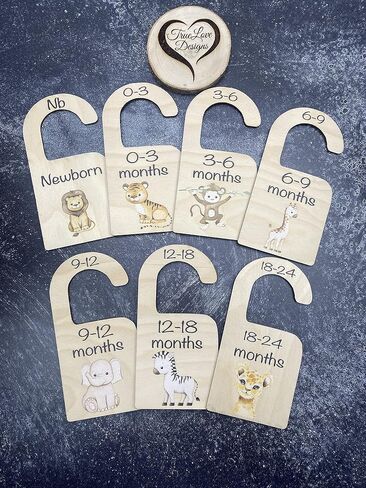 7pc Safari Animal Baby Closet Dividers Wooden Baby Wardrobe Hoolser منظم من حديثي الولادة إلى 24 شهرًا مع منظم خزانة الملابس المطبوعة للرضيع لمرضى الحضانة. in Saudi Arabia