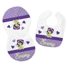 Baby Girl's Personalized Printed Custom Name Purple and Lime Woodland Fairy Feeding Cloth Accessory Set…
