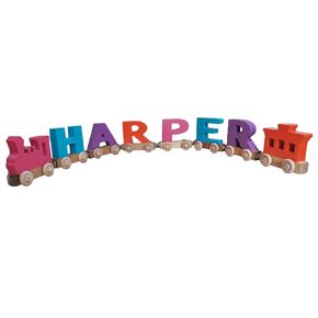 Personalized wooden train name name puzzle, Extra Large letters 3 1/4" x 3 1/2" x 3/4", Alphabet train for boys. Girls letter train name puzzle. Made in USA (Walnut)