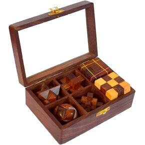 Gift Set in A Wood Box - 3D Unique IQ Puzzles Teens Adult Gift Handcrafted 6 in 1 Wooden 3D Puzzle Game.(7x4.75x2.5 inch)