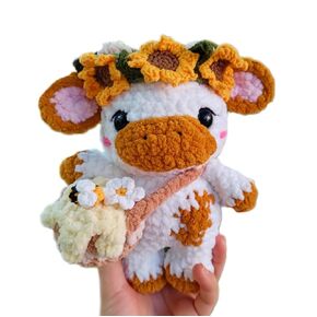 Sunflower Cow Plush – Soft Crochet Stuffed Animal, Kawaii Cow Plushie, Baby Shower Gift, Nursery Decor, Cuddly Cow Toy, Unique Handmade Gift for Kids & Collectors