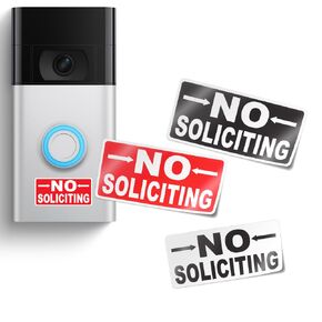 No Soliciting Stickers for Video Doorbells - Small Bold Lettering, Multi-Color Pack (12 Stickers, 1.4" x 0.7" and 1" x 0.5") by Flippin Stickers