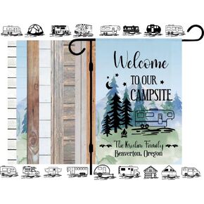 personalized Camping Garden Flag for Campsite, custom outdoor camper decoration sign, Welcome to our Campsite, yard decor for unique RV, Motorhome, tent, thoughtful gift