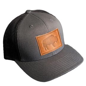 Bison Stamp Leather Patch Trucker Hat - Ox & Pine - Adjustable Snapback, Structured Mid-Profile Design (Charcoal, Nut Brown)