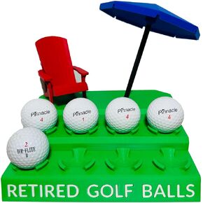 Retired Golf Ball Display Stand - 3D Printed Holder for Up to 8 Golf Balls with Adirondack Chair and Beach Umbrella Decoration - Perfect Golf Retirement Gift, Golf Memorabilia Display