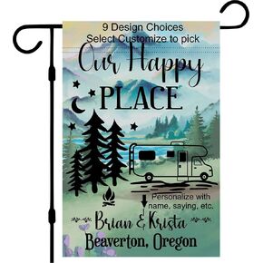 Lake Campsite camper garden flag personalized, Custom outdoor camping decoration sign, unique yard decor for RV travel trailer, Motorhome, tent, van life (Solid Large Travel Trailer)