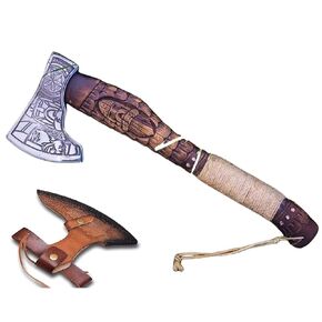 Kacha Store | custom handmade Viking medieval Axe with Viking gift,Hand Axe,Viking Gifts for Men,Camping Tomahawk,Bearded,Valhalla Axe with Leather Sheath (Battle axe) (Valhalla)