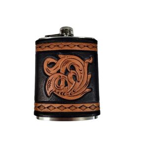 Hip Flask; Leather Wrapped Flask; Tooled Vine Scroll Design; Black; 8 oz