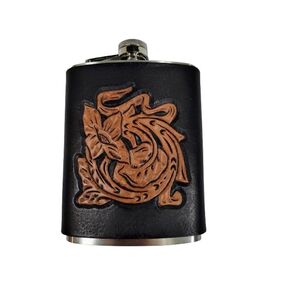 Hip Flask; Leather Wrapped Flask; Tooled Flower Design; Black; 8 oz