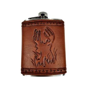 Hip Flask; Leather Wrapped Flask; Tooled Deer Design; Brown; 8 oz