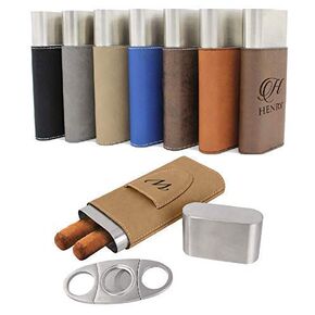 PERSONALIZED Leather Cigar Case, Cigar Humidor with Silver Stainless Steel Cutter Cigar Holder Case and Cutter