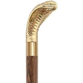 Antique Brass Golden Walking Snake Handle Stick Handmade 36 Inch Brown Wooden Lightweight & Foldable Walking Cane for Seniors & Adults