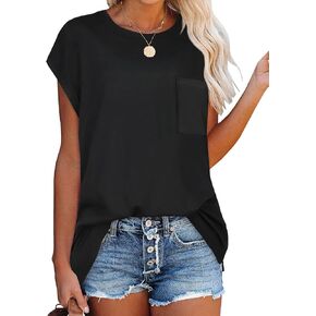 JOELLYUS Women's Casual Cap Sleeve T Shirts Basic Tees Summer Tunic Tops Loose Solid Black Blouse with Pocket (Black, S) in Kuwait