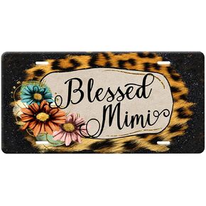 Blessed Mimi Grandmother Name License Plate-Leopard-Black Glitter And Flowers Car Tag-3 Designs Available-Grandmother Name Car Tag (BLESSED MIMI)