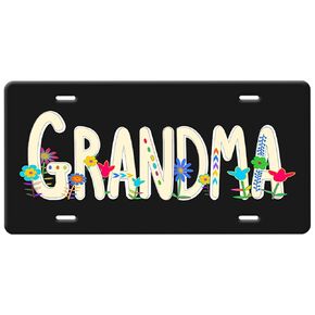 Grandma License Plate (Grandmother) -Cream and Whimsical Flowers Quote on a Black background metal Vanity Car License Plate Tag-Grandmother Gift