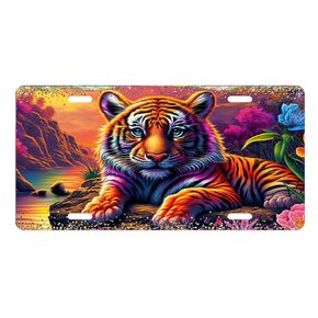 Animal Vanity Decorative Aluminum Front License Plate, Car Accessory, Vanity Tag (Sunset Bison)