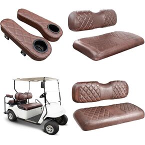 NOKINS Golf Cart Seat Covers for YAMAHA/G29/Drive2, Vinyl Front&Rear Seat Cover with Flip-Up Armrests kit, with Cup Holder, for 1" Square Tube (Brown&Brown 8438)