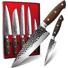 KONOLL Kitchen Knife Block Set Japanese AUS-8 Steel Forged Handmade Chef Knife Gift Box Set Ultra Sharp with Full Tang Wood Handle