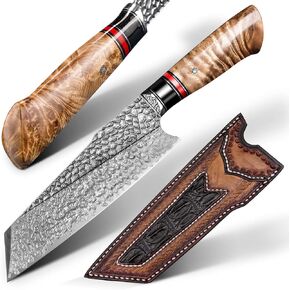 7.6 Inch Handmade Santoku Chef Knife,Ultra Sharp Damascus Steel Blade, Burl Wood Handle,Japanese Style Handmade Kitchen Cooking Knives with Sheath for Home and Restaurant
