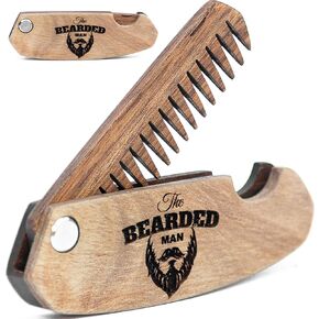 Enjoy The Wood Beard Comb for Men, Folding Pocket Beard Accessories for Men, Engraved Walnut Wooden Comb for Moustache, Beard & Hair - Perfect Gift For Him (Bearded Man)