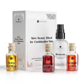 Katari 4-Step Ancient Slow Beauty Ritual for Combination Skin to balance oils and moisture levels with Mediterranean pure oils and flower water toner.