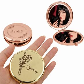 Personalized Gift Compact Pocket Mirror with Name, Customized Mini Makeup Mirror, Birthflower Small Travel Mirror, Custom Pocket Compact Mirror with Logo Image