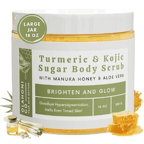 Kojic Acid, Turmeric & Manuka Honey Sugar Scrub (18 Ounces) Dark Spots & Brightening - Moisturize and Exfoliate - for Body, Hands, Foot, Thighs, Armpits, Bikini Area - 100% Natural Ingredients - Even Skin Complexion - Made in USA - 18 oz Jar