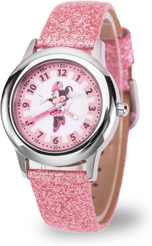 Disney Minnie Mouse Kids' Stainless Steel Time Teacher Analog Leather Strap Watch(Plain CASE), Pink in Kuwait