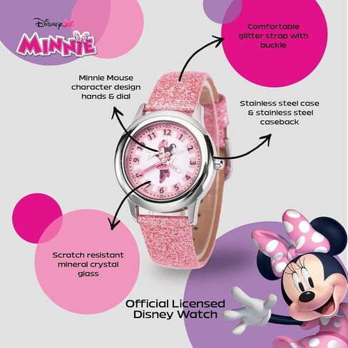 Disney Minnie Mouse Kids' Stainless Steel Time Teacher Analog Leather Strap Watch(Plain CASE), Pink in Kuwait