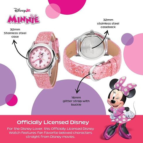 Disney Minnie Mouse Kids' Stainless Steel Time Teacher Analog Leather Strap Watch(Plain CASE), Pink in Kuwait