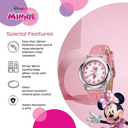 Disney Minnie Mouse Kids' Stainless Steel Time Teacher Analog Leather Strap Watch(Plain CASE), Pink in Kuwait
