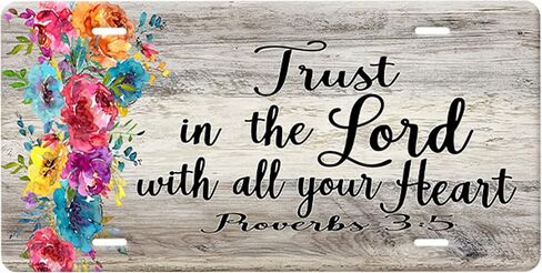 Proverbs 3:5-Trust In The Lord With All Your Heart Christian Bible Verse Vanity Plate Sign-White Graphics On A Black And Flower Bouquet Car Tag in Saudi Arabia