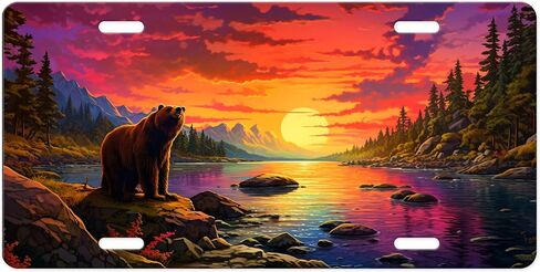 Hunting Wildlife Vanity Decorative Aluminum Front License Plate, Car Accessory, Vanity Tag (Bear at Sunset River) in Saudi Arabia