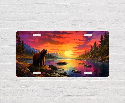 Hunting Wildlife Vanity Decorative Aluminum Front License Plate, Car Accessory, Vanity Tag (Bear at Sunset River) in Saudi Arabia