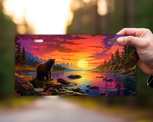 Hunting Wildlife Vanity Decorative Aluminum Front License Plate, Car Accessory, Vanity Tag (Bear at Sunset River) in Saudi Arabia