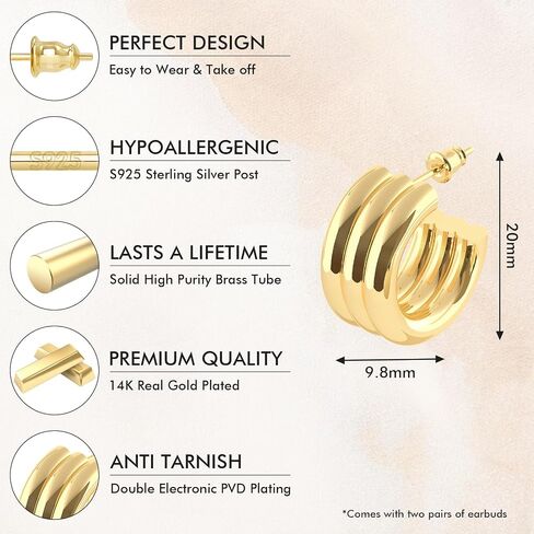 BFAIRY 14K Gold Plated X-shaped Asymmetric Pendant Hoop Earrings | Thick Lightweight Gold Hoop Earrings for Women Exquisite Earrings in Kuwait
