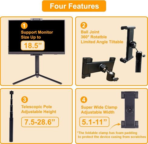 iPad Stand for Desk Tablet Holder Portable Monitor Stand 18.5 inch with Super Wide Clamp Swivel Tilt Ball Joint Telescopic Pole and Foldable Tripod for 6.5-18.5" Monitor Kindle FL11C in Saudi Arabia