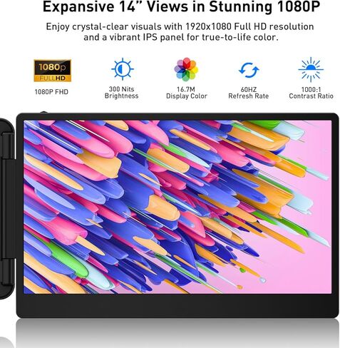 موسع شاشة الكمبيوتر المحمول، شاشة محمولة لأجهزة الكمبيوتر المحمول، موسع شاشة محمول 16:9، وصلة HDMI/Type-C وشاشة عرض موسع 1080 بكسل لأجهزة الكمبيوتر المحمولة اللوحية PC/Mac/الهاتف in Kuwait