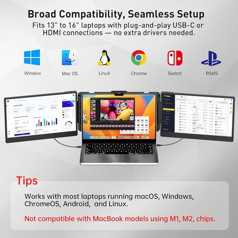 موسع شاشة الكمبيوتر المحمول، شاشة محمولة لأجهزة الكمبيوتر المحمول، موسع شاشة محمول 16:9، وصلة HDMI/Type-C وشاشة عرض موسع 1080 بكسل لأجهزة الكمبيوتر المحمولة اللوحية PC/Mac/الهاتف in Kuwait