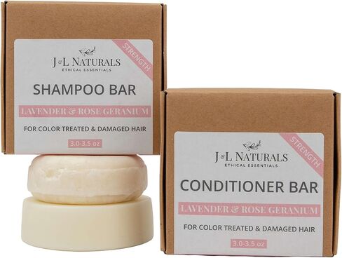J&L Naturals Shampoo + Conditioner Bar Set | For Color Treated + Damaged Hair | Made in US | Zero Waste, Sulfate Free, Paraben Free, Vegan (Strength (Lavender & Rose Geranium), Full Size Set in Kuwait
