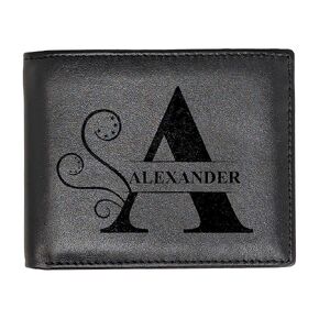 Personalized Wallet for Men | Initial Monogram Custom Engraved Genuine Leather Bifold Wallet Birthday Anniversary Gift for Husband Boyfriend Groomsmen Dad Grandpa (Black)