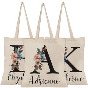 Personalized Initial Tote Bag for Women w/Name - Custom Floral Canvas Bags Gifts for Girls - Customized İnitial Tote Bags Gifts for Grandma Mom - Hen Party Bridesmaid Bag Girls - Custom Gift Bag C3