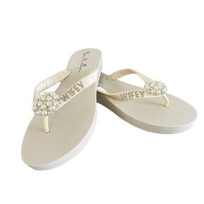 Wifey Pearl Glitter Flip Flops - Bride or Bridesmaid, Choose Colors Champagne, Ivory or White