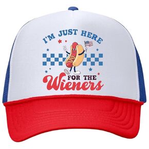 Im Just Here For The Wieners Unisex Red White Blue Foam Front Trucker Hat Adjustable Mesh Back Funny Novelty Cap With Graphic - One Size Trendy Gifts For Friends