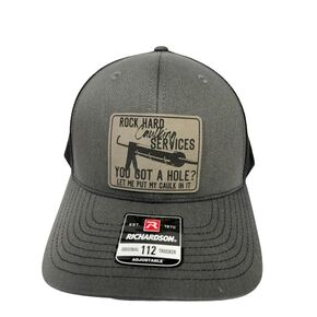Rock Hard Caulking Services Leather Patch Trucker Snapback Baseball Hat- 112 Trucker Hat - Inappropriate Trucker Hats - Birthday Gifts For Men - Funny Blue Collar Gifts For Men (Black)